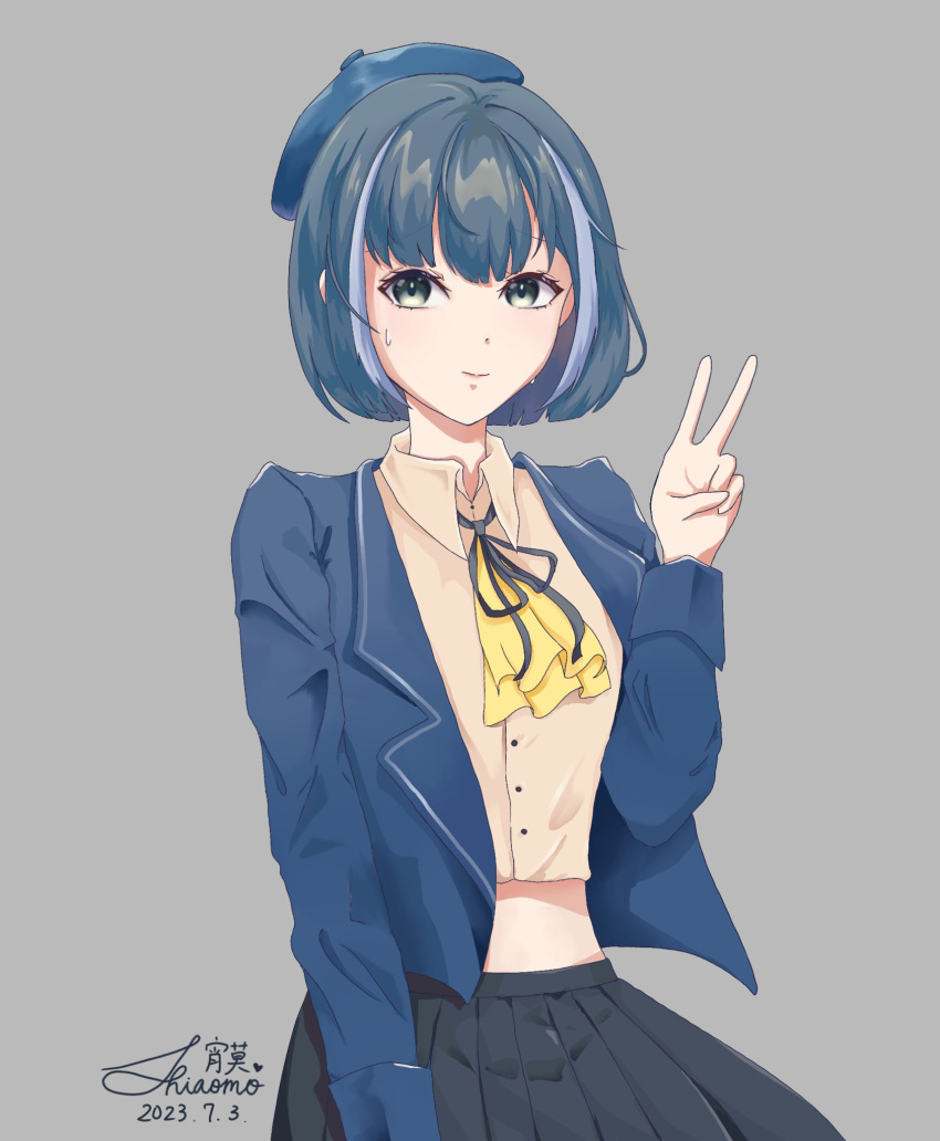 beret, black_skirt, blue_eyes, blue_hair, closed_mouth, hat, highres, jacket, open_clothes, open_jacket, school_uniform, shiaomo_sos, short_hair, signature, skirt, sos_official_(vtuber), yiyi_(sos_official)