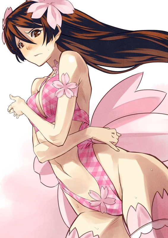 bow, brown_eyes, brown_hair, covering, embarrassed, flower, hair_flower, hair_ornament