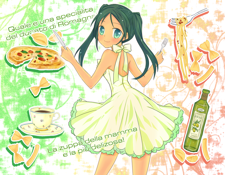 cup, dress, food, fork, francesca_lucchini, green_eyes, green_hair, italian, knife, long_hair, looking_back, olive_oil, pasta, pizza, spaghetti, strike_witches, teacup, translated, twintails, yuni_(artist)