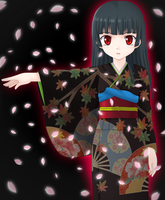 cherry_blossoms, enma_ai, japanese_clothes, jigoku_shoujo, kimono, long_hair, miracle!, petals