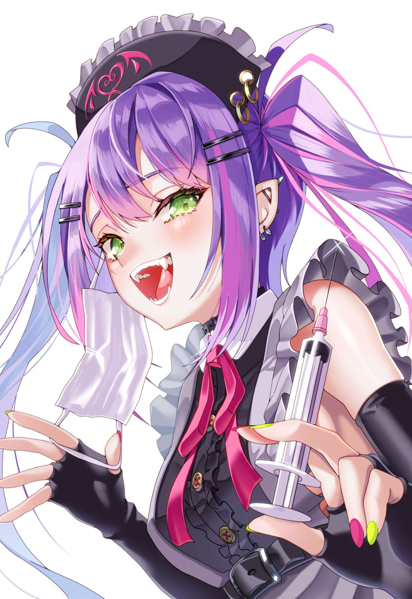 absurdres, black_gloves, earrings, fangs, frills, gloves, green_eyes, hair_ornament
