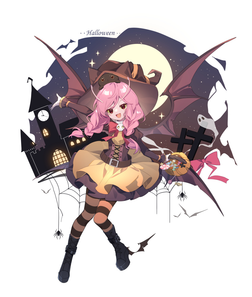 1girl, :d, absurdres, animal_ears, animal_on_head, antennae, arm_up, bat_wings