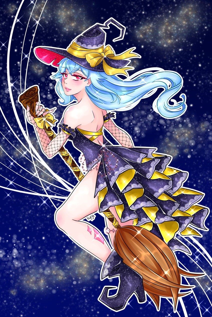 blue_hair, hat, hat_ribbon, highres, jewelry, kyranyan, night, night_sky, original, pink_eyes, ribbon, sky, smile, smug, star_(sky), universe, witch, witch_hat