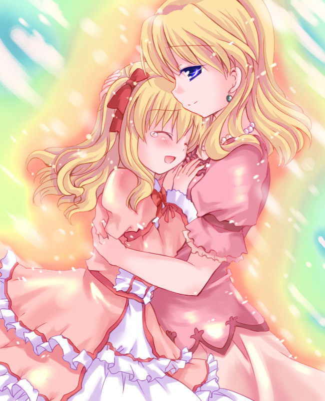 2girls, blonde_hair, blue_eyes, fortune_summoners, hug, mother_and_daughter, pink_dress, stella_mayberk