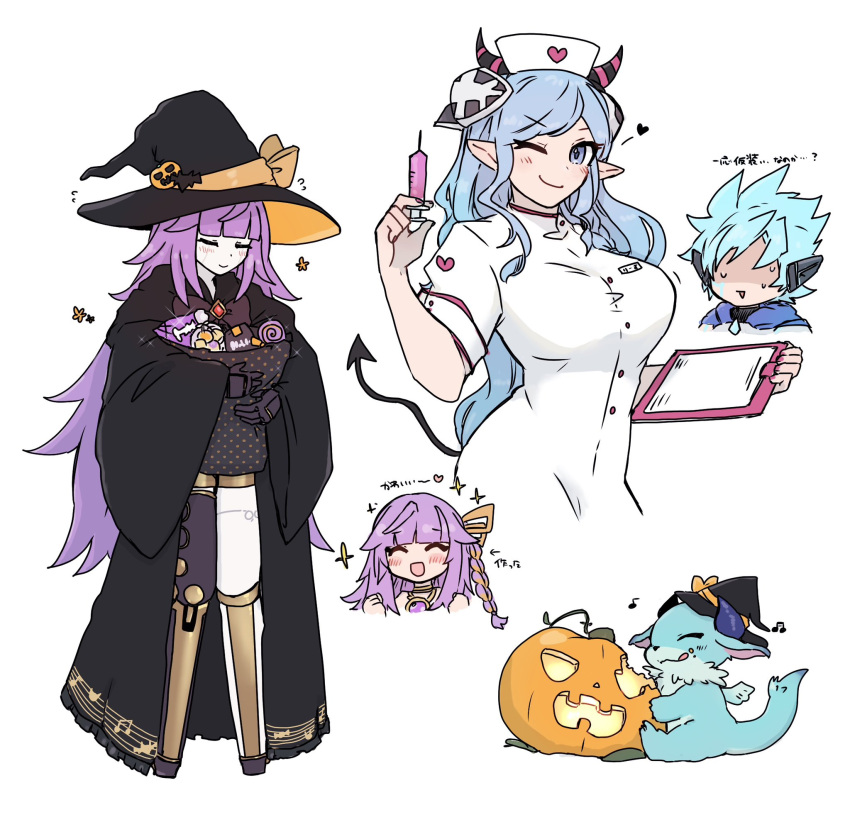 1boy, 3girls, alternate_costume, android, auram_(yu-gi-oh!), blue_eyes, blue_hair, closed_eyes
