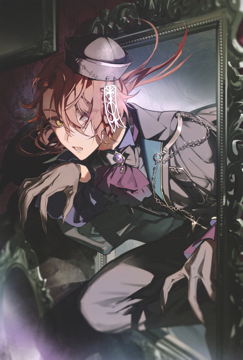 1boy, alternate_costume, ascot, brown_coat, brown_headwear, brown_pants, cain_knightley, coat, collared_shirt, dot37_m, grey_shirt, hair_over_one_eye, halloween, halloween_costume, hat, highres, looking_at_viewer, mahoutsukai_no_yakusoku, male_focus, mini_hat, one_eye_covered, open_mouth, pants, purple_shirt, red_ascot, redhead, shirt, solo, talisman, yellow_eyes