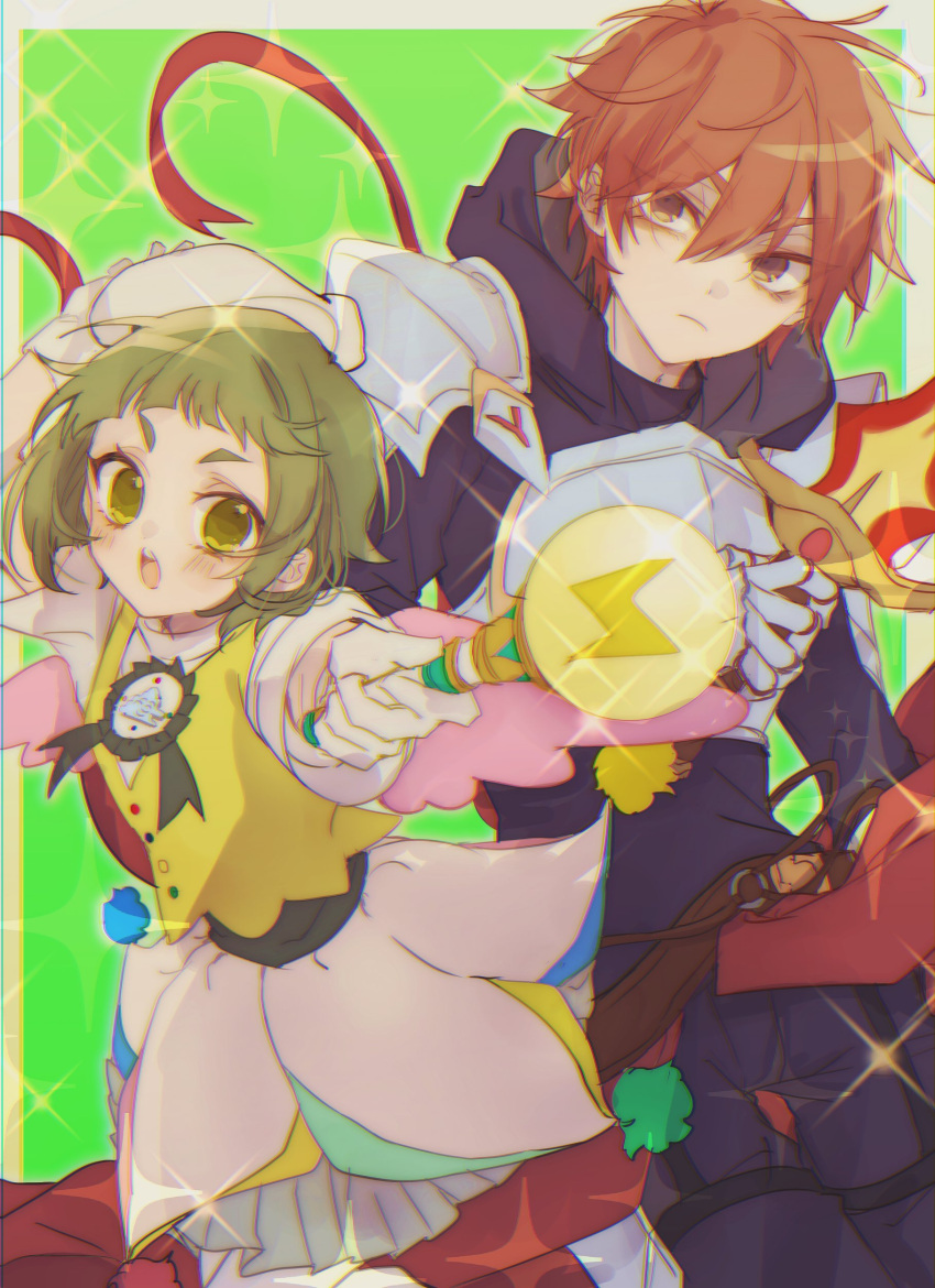 1boy, 1girl, absurdres, armor, border, brown_eyes, closed_mouth, expressionless