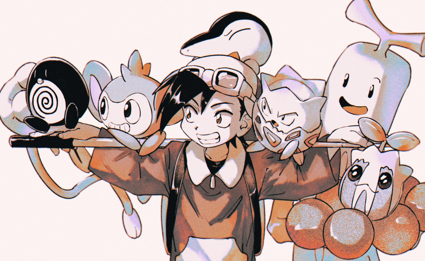 1boy, aipom, backpack, backwards_hat, bag, cyndaquil, ethan_(pokemon), funabara_tsuitta_tsunagemashita