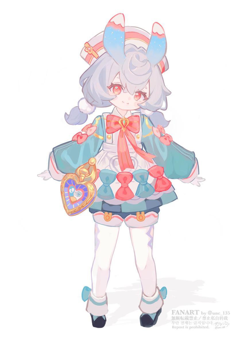1girl, absurdres, animal_ears, apron, aqua_bow, aqua_dress, artist_name, black_footwear, blue_shorts, blush, bow, bowtie, broken_heart, brooch, closed_mouth, commentary_request, crossed_bangs, dress, eyelashes, full_body, genshin_impact, gloves, grey_hair, gyuunyuu_(unc_135), hair_between_eyes, hair_intakes, hair_ornament, hat, head_tilt, heart, highres, jewelry, long_sleeves, looking_at_viewer, low_twintails, medium_hair, nurse_cap, pantyhose, pom_pom_(clothes), pom_pom_hair_ornament, puffy_long_sleeves, puffy_sleeves, red_bow, red_bowtie, red_eyes, shoes, short_twintails, shorts, sidelocks, sigewinne_(genshin_impact), simple_background, sleeves_past_wrists, smile, solo, standing, twintails, twitter_username, watermark, white_apron, white_background, white_gloves, white_headwear, white_pantyhose