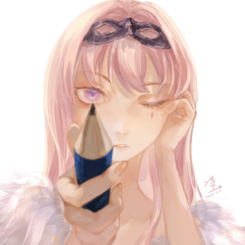 1girl, birthmark, dress, hands_on_own_face, highres, one_eye_closed, pencil, pink_hair