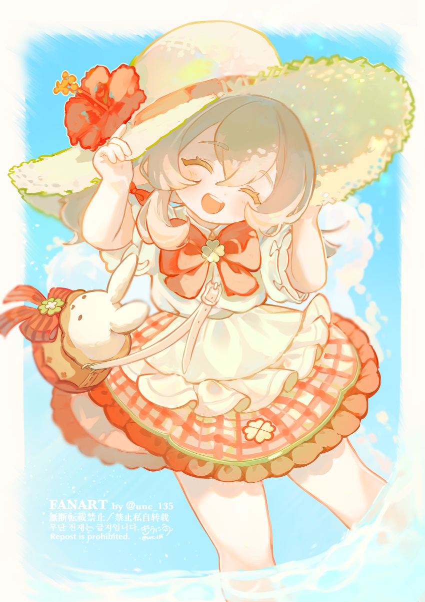 1girl, :d, ^_^, absurdres, apron, artist_name, bag, blonde_hair