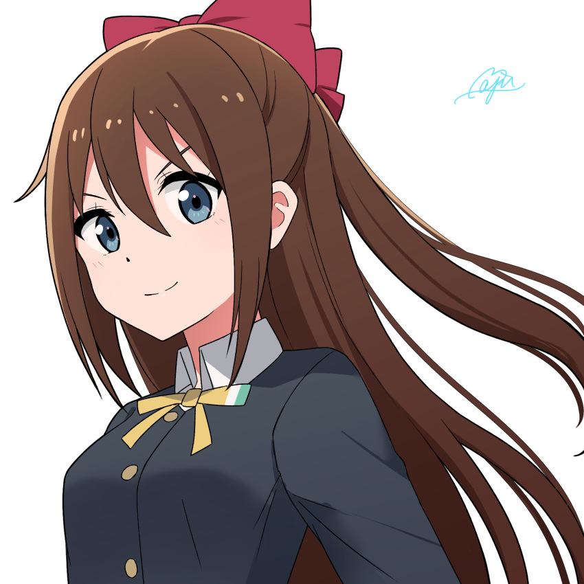 1girl, black_jacket, blazer, blue_eyes, bow, breasts, brown_hair, collared_shirt