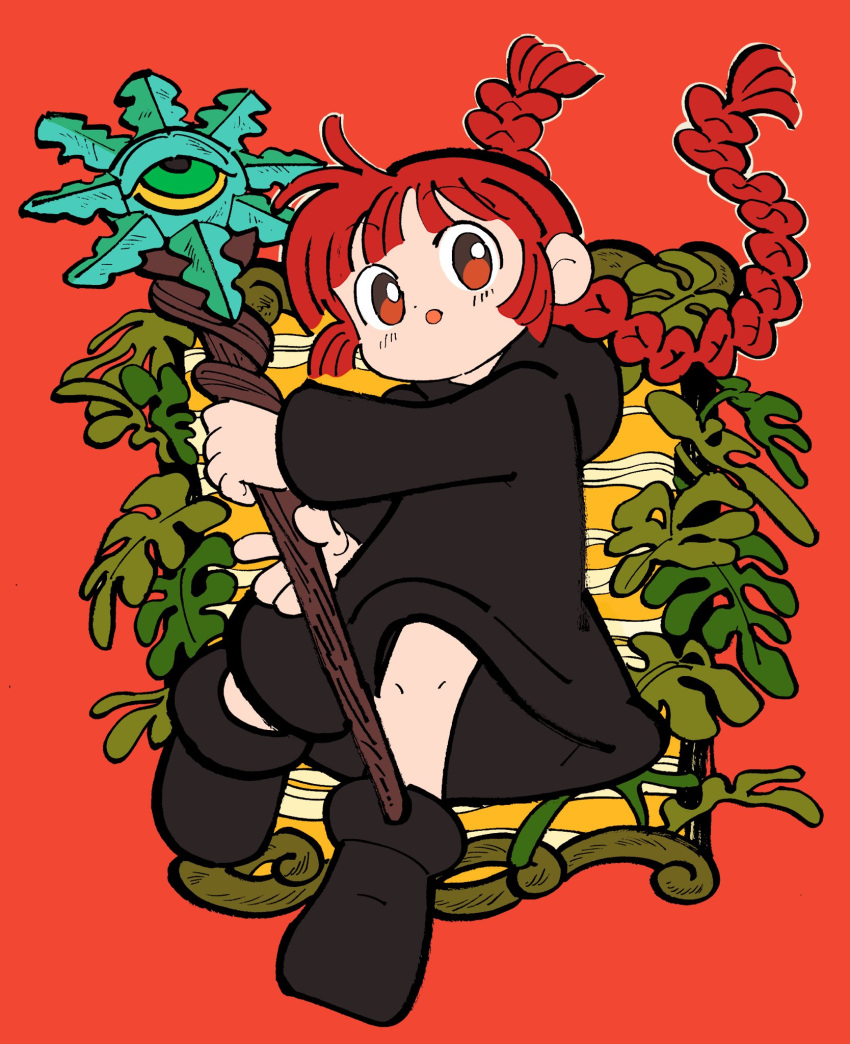 1girl, :o, black_footwear, black_robe, blunt_bangs, boots, braid, commentary_request