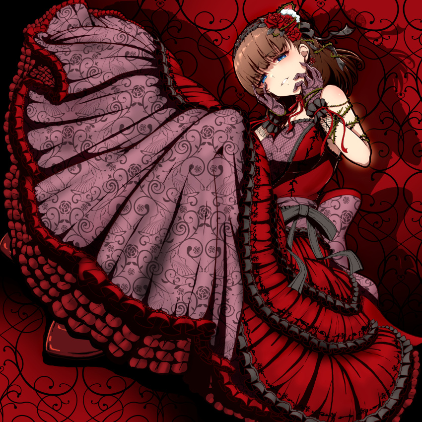 1girl, absurdres, bare_shoulders, black_headwear, blue_eyes, breasts, brown_hair, dress