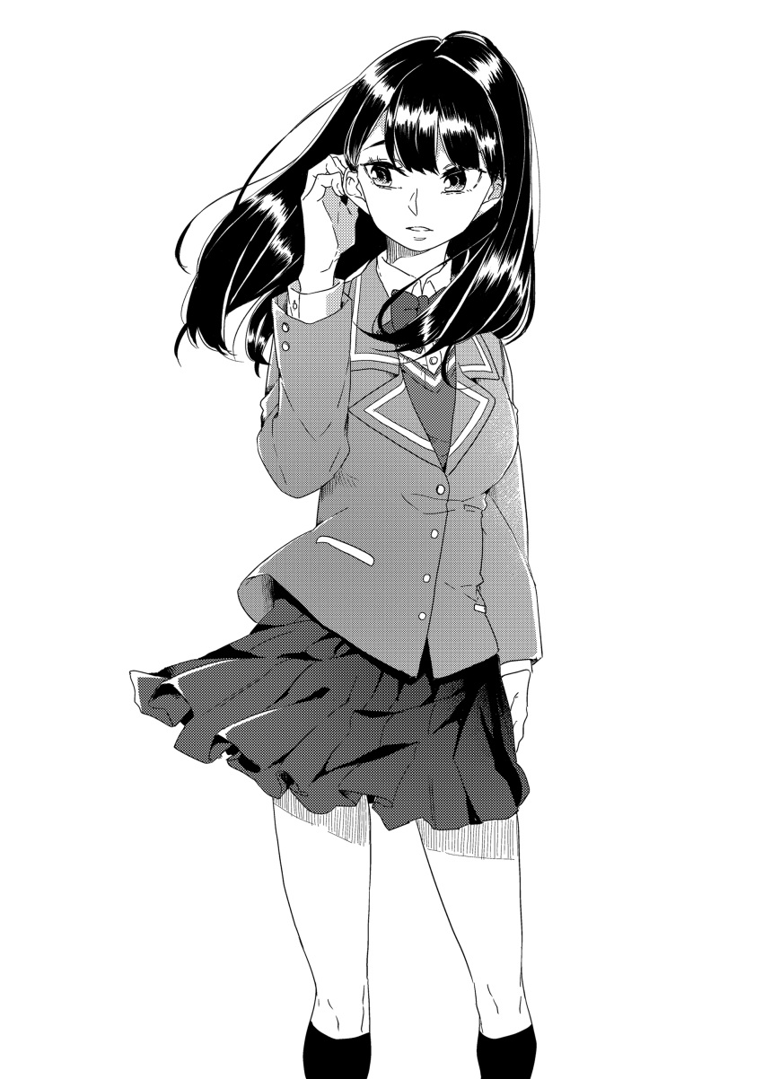 1girl, absurdres, blazer, bow, bowtie, breasts, collared_shirt, commentary
