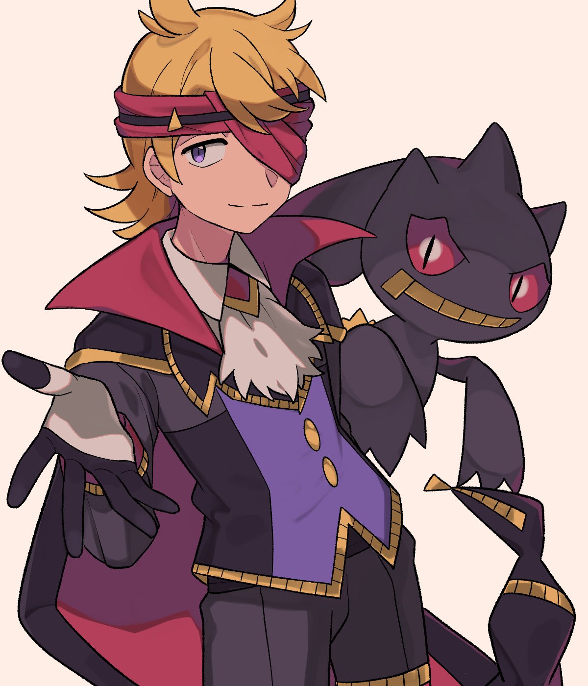 1boy, ascot, banette, black_cape, blonde_hair, buttons, cape, closed_mouth