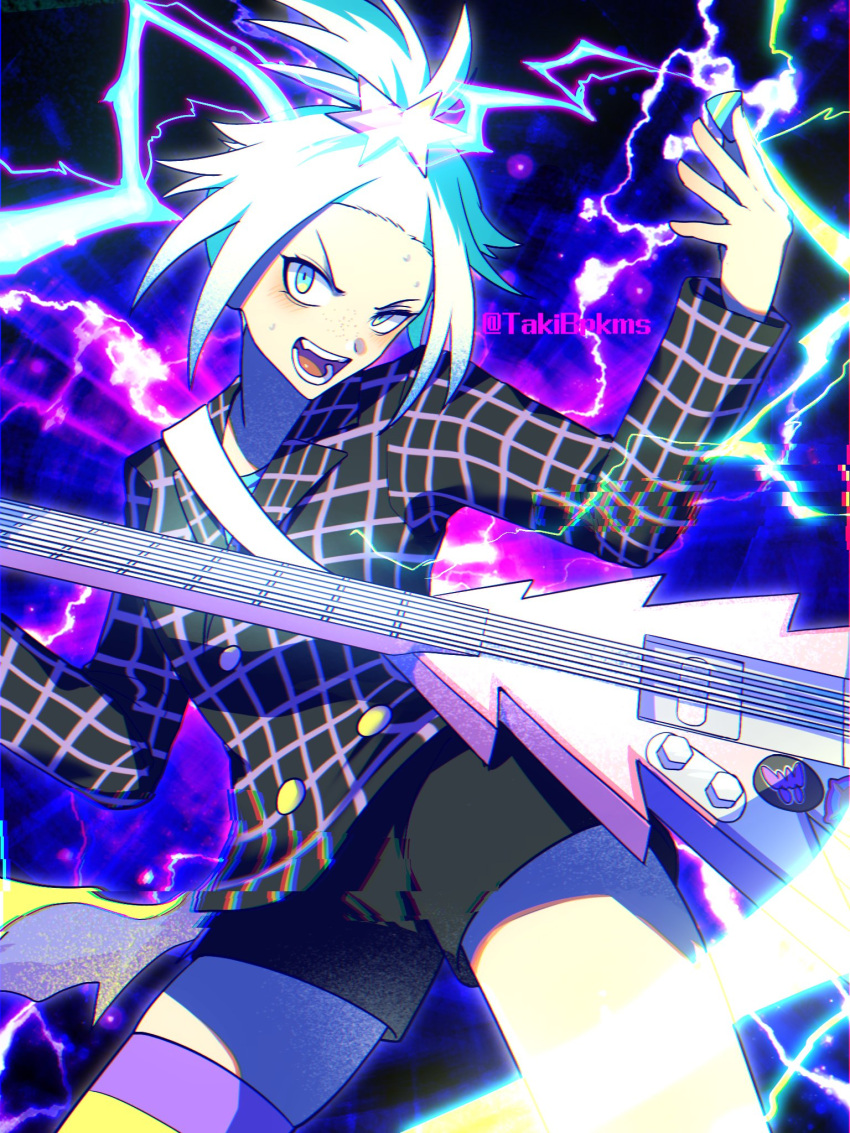 1girl, aqua_eyes, bass_guitar, black_shorts, collared_shirt, commentary_request, electricity, eyelashes, highres, holding, holding_plectrum, instrument, official_alternate_costume, open_mouth, plectrum, pokemon, pokemon_(game), pokemon_masters_ex, roxie_(pokemon), roxie_(sygna_suit)_(pokemon), shirt, short_hair, shorts, single_thighhigh, solo, sweat, takibpkms, teeth, thigh-highs, tongue, topknot, white_hair