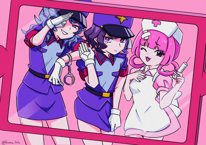 1girl, 2boys, ;d, absurdres, alternate_costume, amethio_(pokemon), apron, blunt_bangs