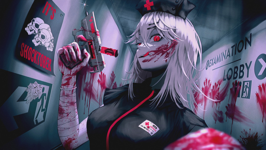 1girl, black_dress, black_headwear, blood, blood_on_arm, blood_on_face, blood_on_wall, dress
