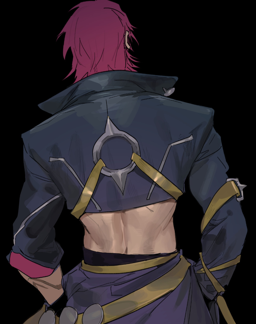 1boy, belt, black_background, black_jacket, from_behind, hands_in_pockets, heartsteel_kayn, highres
