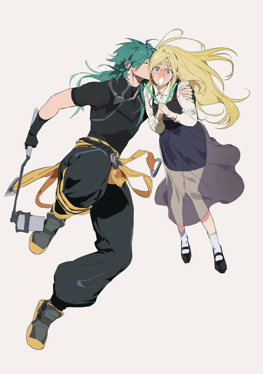 1boy, 1girl, absurdres, ahoge, black_gloves, black_pants, black_shirt, blonde_hair