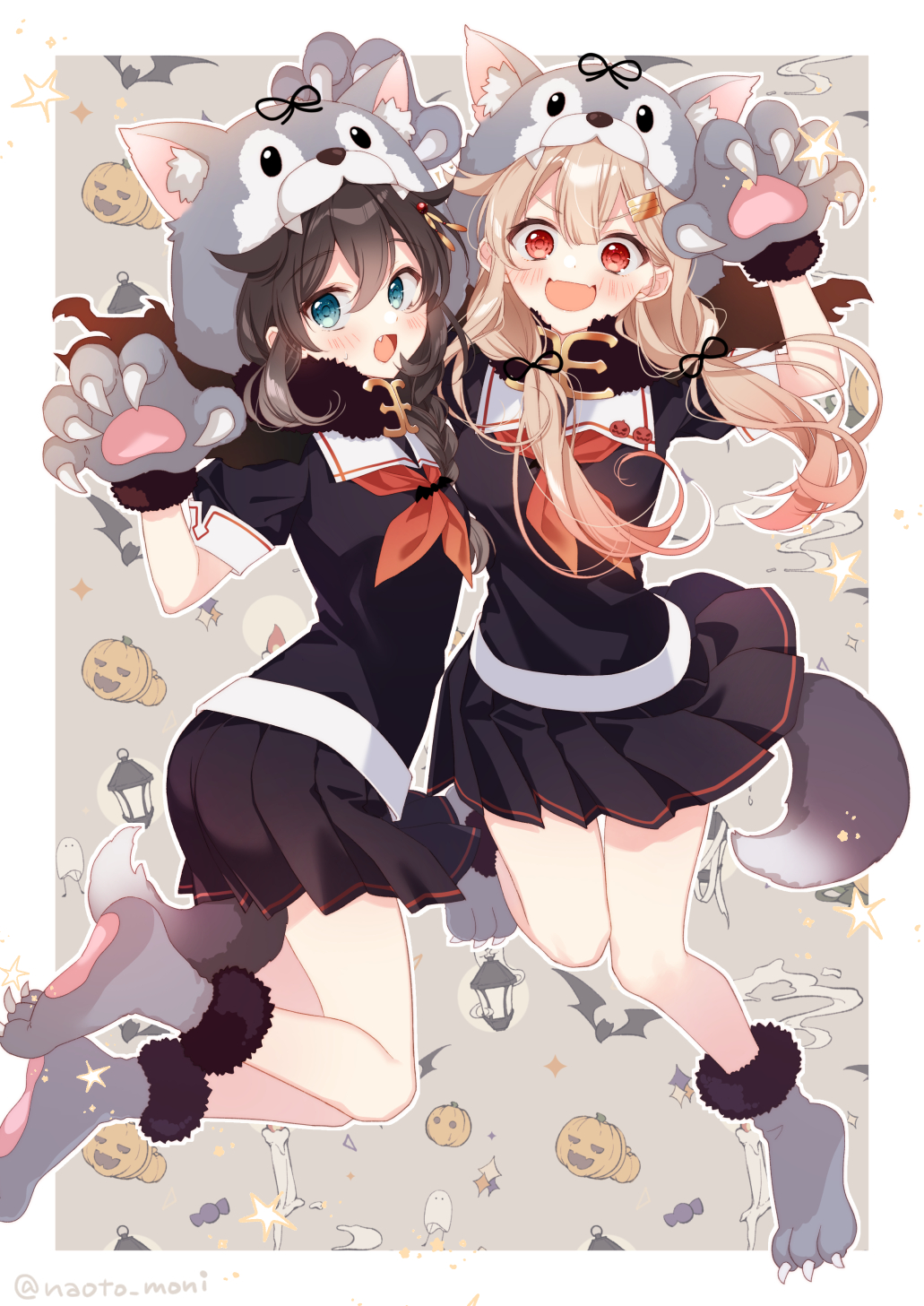 2girls, ahoge, animal_hands, black_hair, black_scarf, black_serafuku, black_skirt, blonde_hair