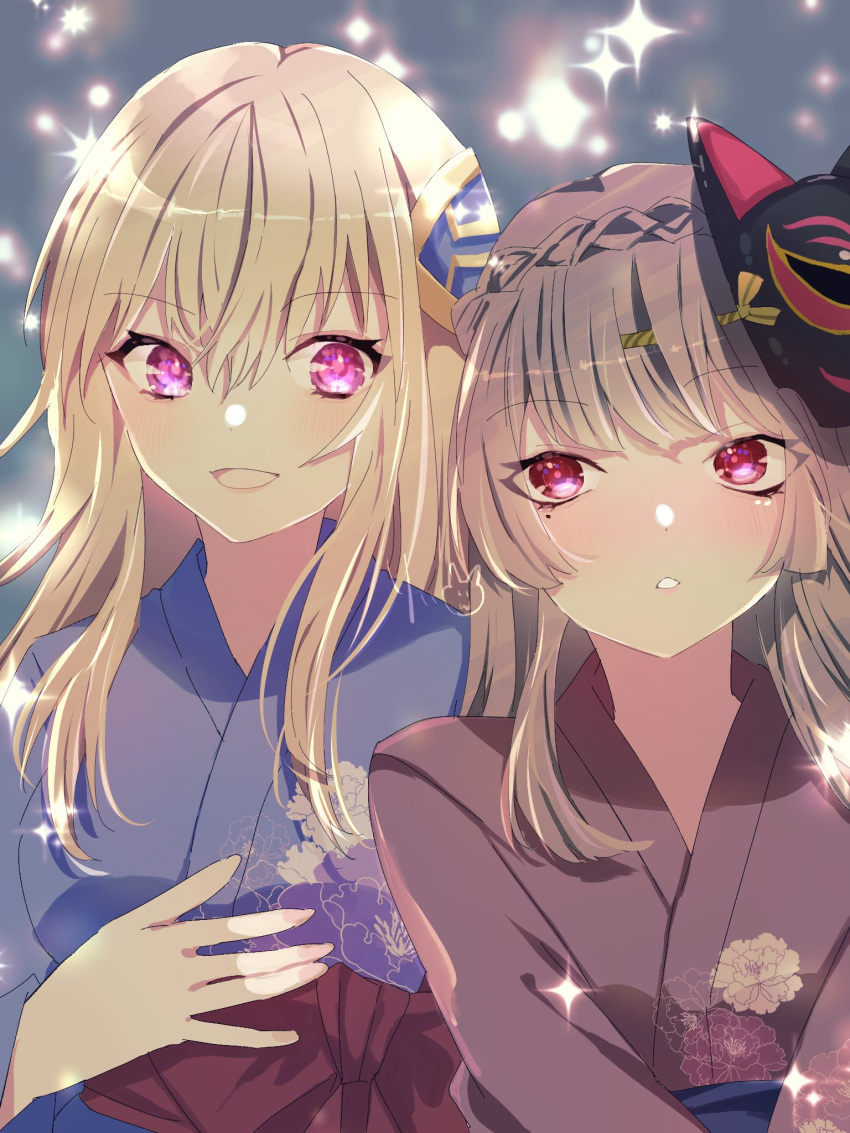1girl, 2girls, blonde_hair, blush, brown_hair, fox_mask, hair_between_eyes, heaven_burns_red