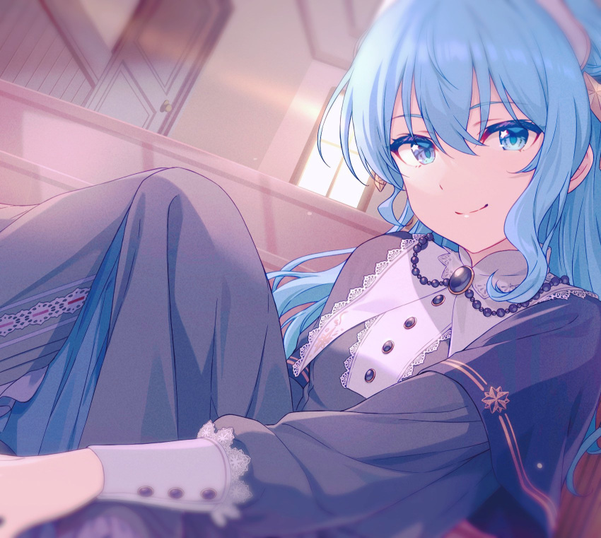 1girl, alternate_costume, bead_necklace, beads, black_capelet, black_dress, black_gemstone, blue_eyes, blue_hair, blurry, breasts, capelet, closed_mouth, commentary, depth_of_field, dress, feet_out_of_frame, frilled_cuffs, hair_between_eyes, highres, hololive, hoshimachi_suisei, indoors, jewelry, light_blue_hair, long_hair, looking_at_viewer, mikami_nacaba, necklace, nun, pew, self-portrait, sitting, small_breasts, smile, solo, star_(symbol), star_in_eye, symbol_in_eye, virtual_youtuber, window