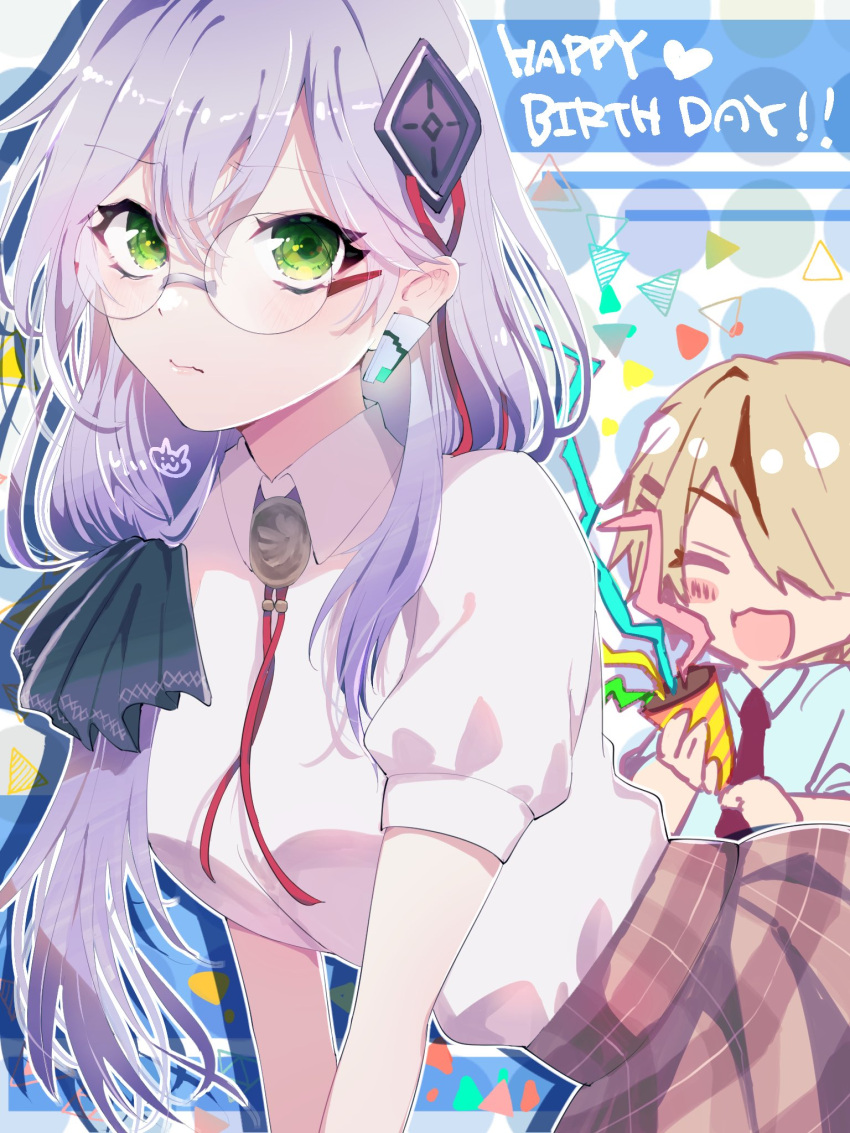 2girls, breasts, glasses, green_eyes, grey_hair, hair_ornament, happy_birthday, heaven_burns_red