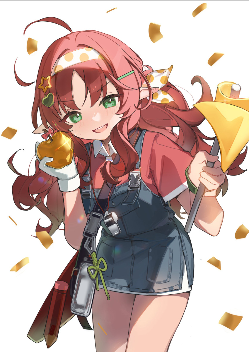 1girl, ahoge, alternate_costume, apple, arknights, bag, bare_legs, blue_overalls, blush, bracelet, collared_shirt, commentary, confetti, cowboy_shot, flag, food, fruit, gloves, golden_apple, green_eyes, hands_up, headband, highres, holding, holding_flag, holding_food, holding_fruit, jewelry, leaning_forward, long_hair, looking_at_viewer, miebao, myrtle_(arknights), open_mouth, overalls, pointy_ears, polka_dot_headband, red_shirt, redhead, shirt, short_sleeves, simple_background, single_glove, skirt, smile, solo, symbol-only_commentary, white_background, white_gloves, white_headband, white_skirt