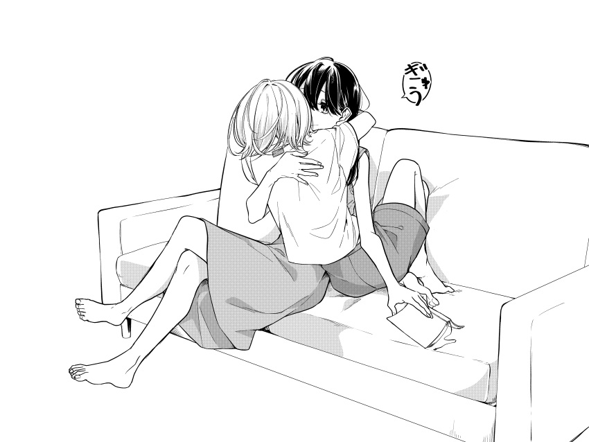 2girls, absurdres, barefoot, book, closed_mouth, commentary, couch, couple