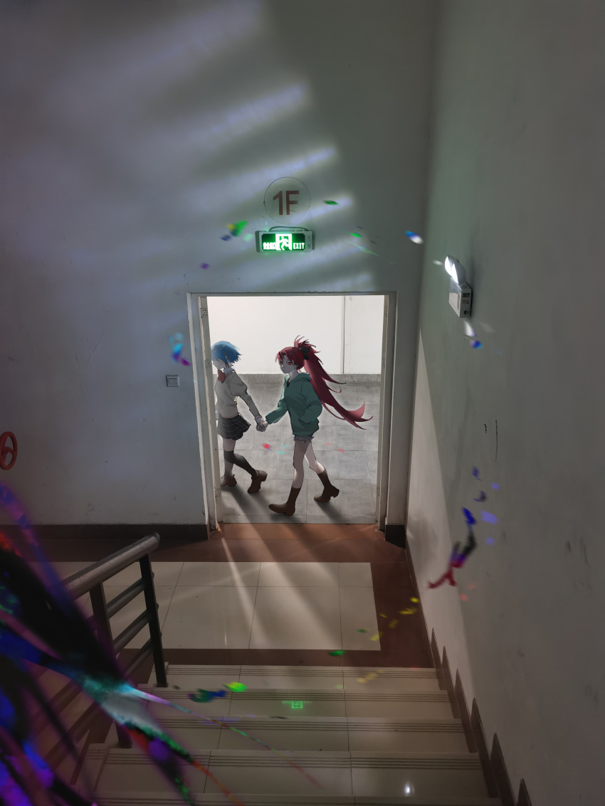 2girls, absurdres, black_skirt, black_thighhighs, blue_hair, boots, bow, bowtie, brown_footwear, chinese_commentary, commentary_request, day, expressionless, from_above, green_hoodie, hair_bow, hallway, hand_in_pocket, highres, holding_hands, hood, hoodie, indoors, juliet_sleeves, knee_boots, long_hair, long_sleeves, looking_at_viewer, mahou_shoujo_madoka_magica, mahou_shoujo_madoka_magica_(anime), miki_sayaka, mitakihara_school_uniform, multiple_girls, out_of_frame, photo_background, ponytail, puffy_sleeves, railing, red_bow, red_bowtie, red_eyes, redhead, riyu_qvq, sakura_kyoko, school_uniform, shoes, short_hair, skirt, stairs, thigh-highs, walking, wide_shot