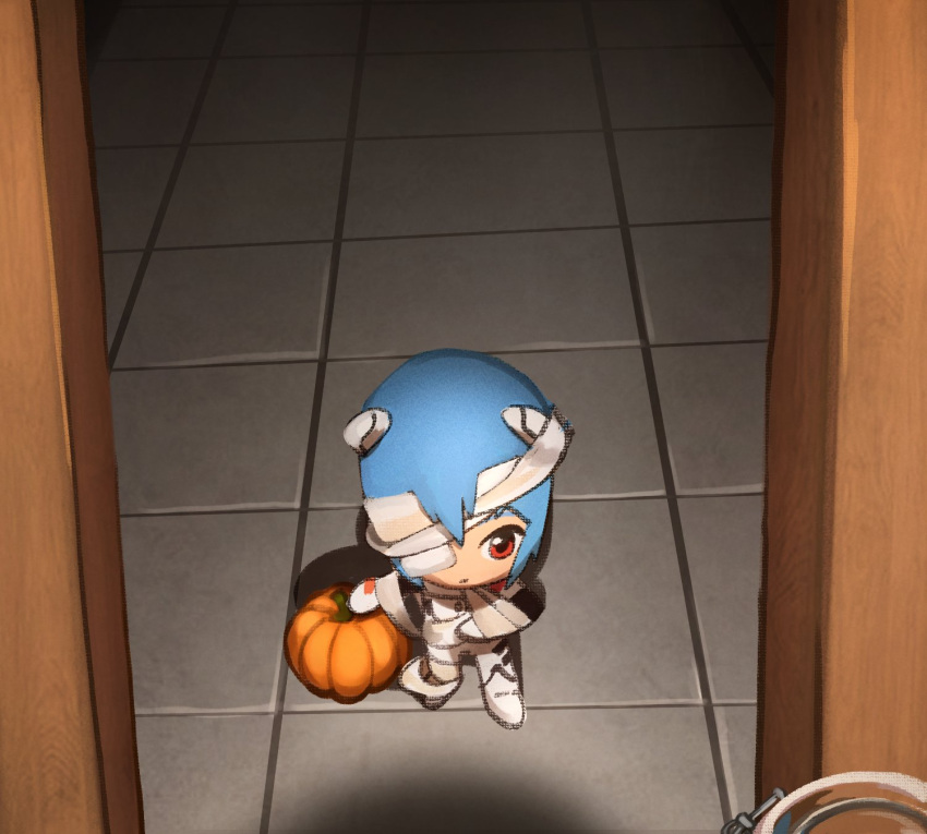 1girl, ayanami_rei, bandages, blue_hair, bodysuit, breasts, chibi, closed_mouth