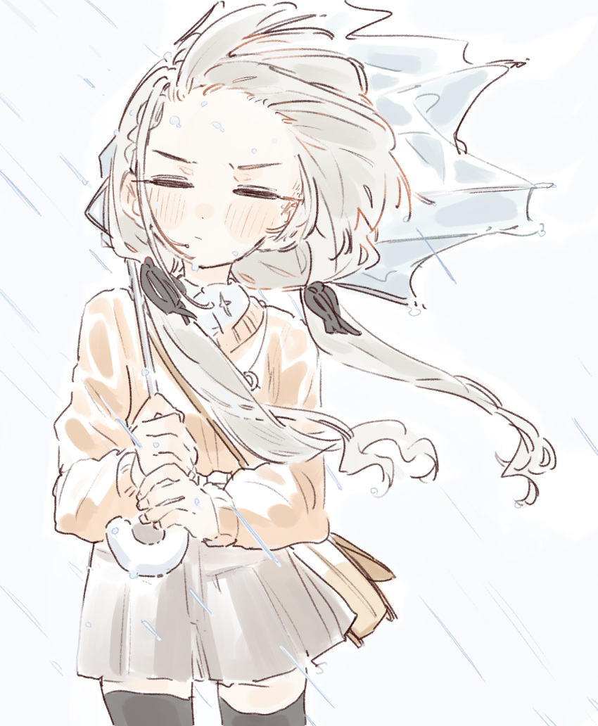 1girl, bag, black_ribbon, blush, braid, broken_umbrella, closed_eyes, collared_shirt