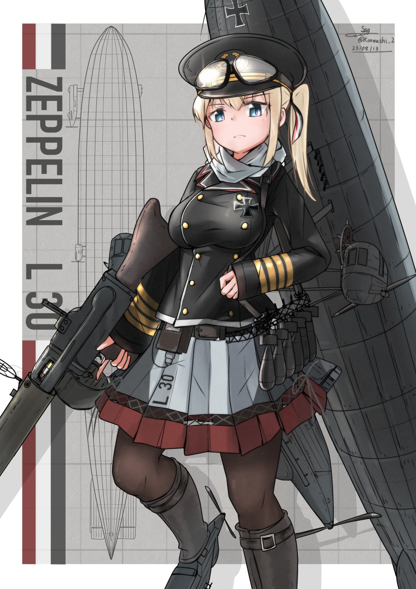 1girl, absurdres, aircraft, black_headwear, black_jacket, black_pantyhose, blonde_hair, blue_eyes