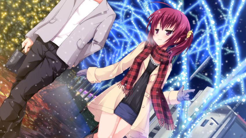 1boy, 1girl, :3, ahoge, bare_tree, black_gloves, black_shirt, blue_skirt
