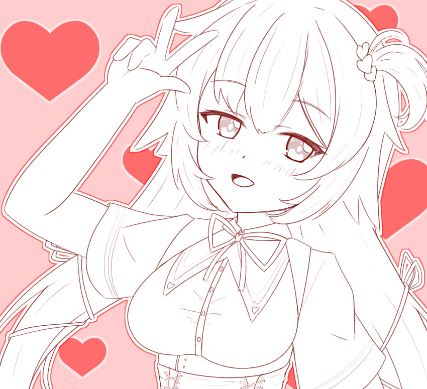 akai_haato, akai_haato_(1st_costume), breasts, corset, hair_tie, heart, heart_background, highres