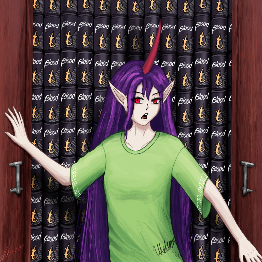 absurdres, energy_drink, green_shirt, highres, horns, long_hair, nikitron_xd, open_mouth, pointy_ears, purple_hair, red_eyes, shirt, single_horn, t-shirt, tenkajin_chiyari, touhou