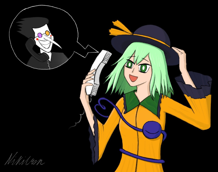 artist_name, deltarune, green_eyes, green_hair, hat, holding, holding_phone, komeiji_koishi, nikitron_xd, open_mouth, phone, shirt, spamton_g._spamton, touhou, yellow_shirt