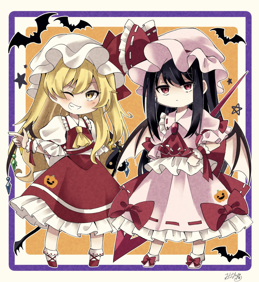 2girls, annoyed, bat_(animal), black_hair, blonde_hair, border, bow, cosplay