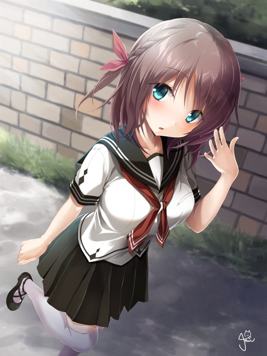 1girl, aoi_tori_(purple_software), aqua_eyes, arm_at_side, black_footwear, black_sailor_collar, black_skirt, blush