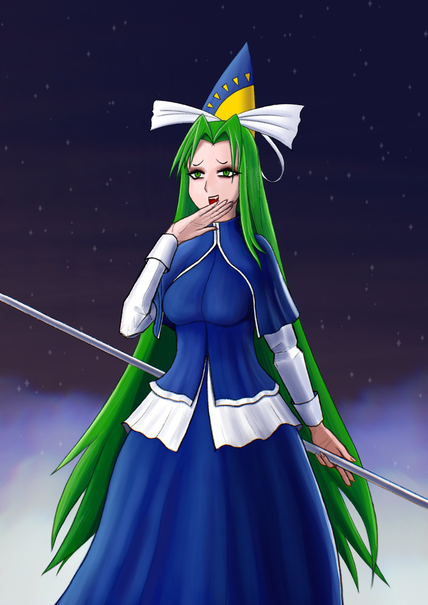 absurdres, blue_dress, dress, green_eyes, green_hair, highres, holding, holding_staff, long_hair, mima_(touhou), night, night_sky, nikitron_xd, ojou-sama_pose, sky, smirk, staff, touhou, touhou_(pc-98)