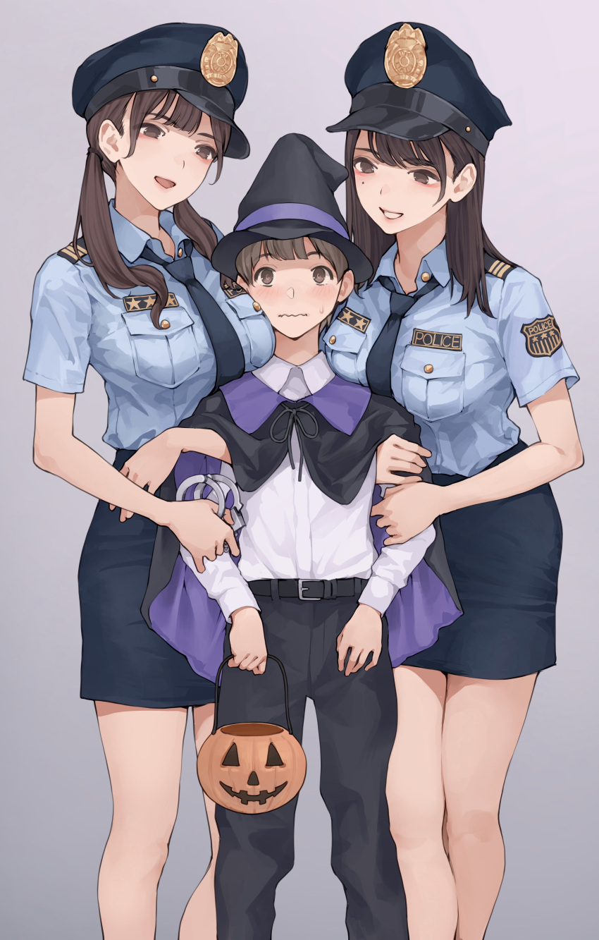 1boy, 2girls, absurdres, between_breasts, black_cape, black_headwear, black_pants, black_ribbon