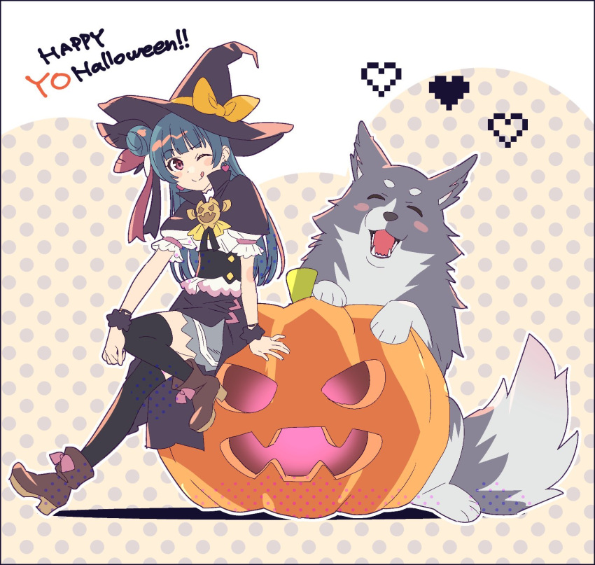 1girl, black_capelet, black_scrunchie, black_thighhighs, blue_hair, blush, brown_footwear, capelet, dog, feather_hair_ornament, feathers, genjitsu_no_yohane, hair_bun, hair_ornament, halloween, hat, heart, highres, lailaps_(genjitsu_no_yohane), long_hair, love_live!, love_live!_sunshine!!, miniskirt, one_eye_closed, pixel_heart, pumpkin, ribbon, scrunchie, single_side_bun, skirt, thigh-highs, tokira_nozumi, tongue, tongue_out, tsushima_yoshiko, violet_eyes, witch_hat