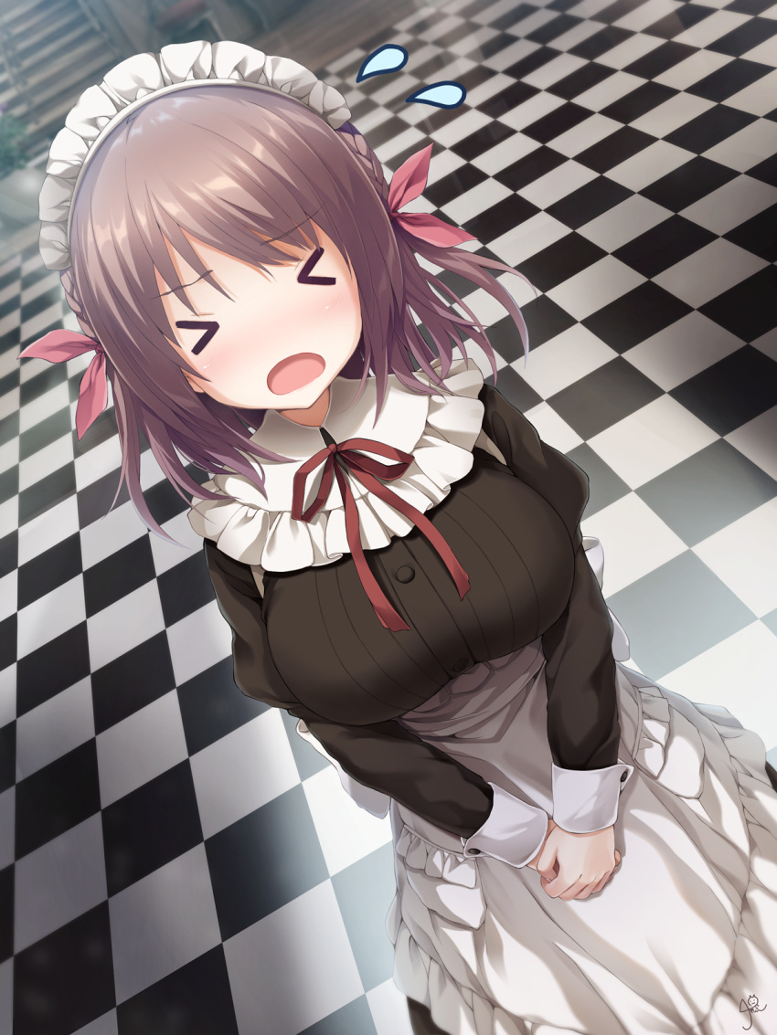 >_<, 1girl, alternate_costume, aoi_tori_(purple_software), apron, black_dress, blush, braid