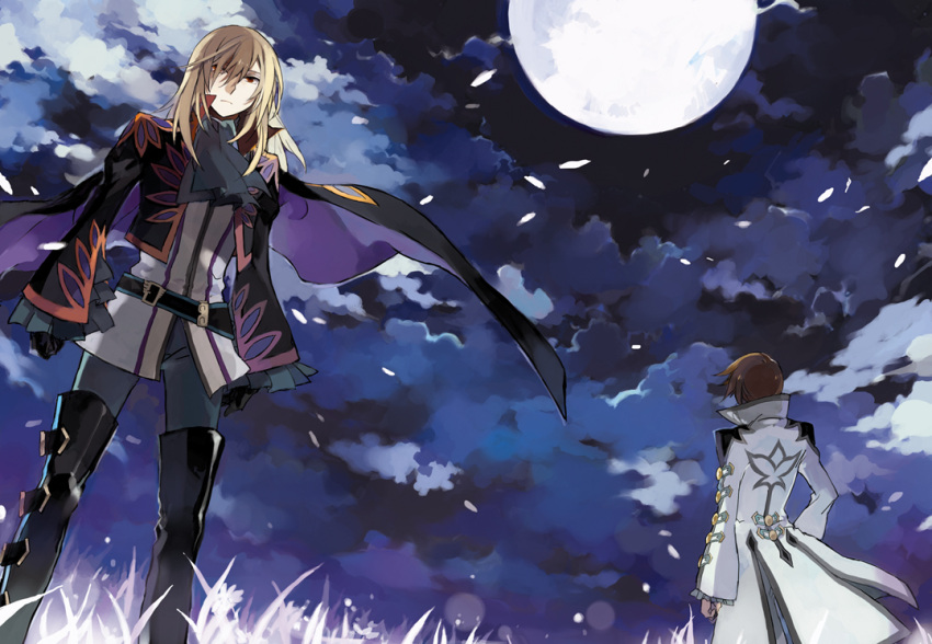 asbel_lhant, back, black_gloves, blonde_hair, blue_background, boots, brown_hair, cloud