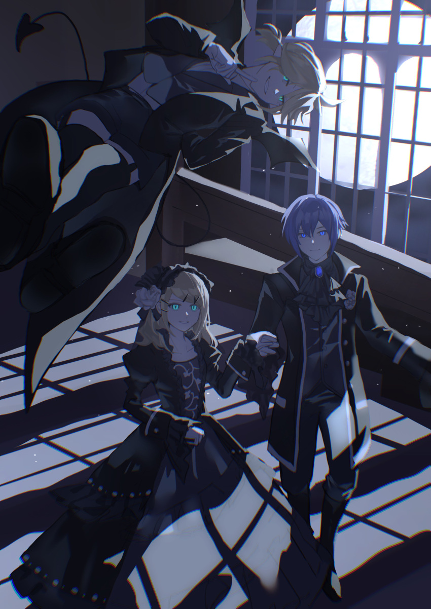 1girl, 2boys, 6_chair, absurdres, ahoge, aqua_eyes, ascot, backlighting