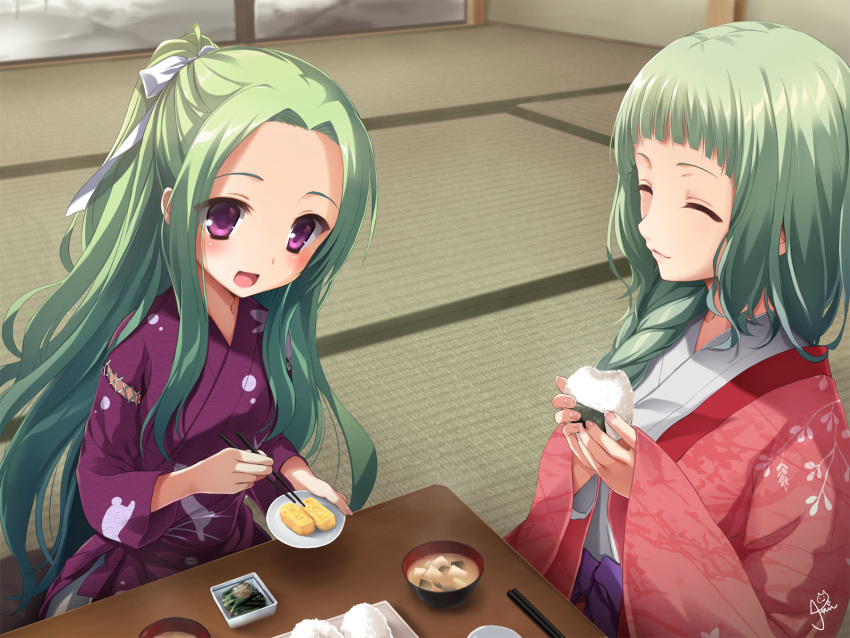 2girls, :d, ^_^, blunt_bangs, blush, bow, braid, branch_print