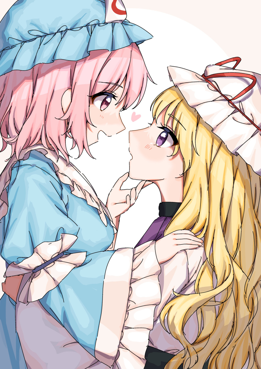 2girls, absurdres, arm_around_waist, blonde_hair, blue_headwear, blue_kimono, blush, collar