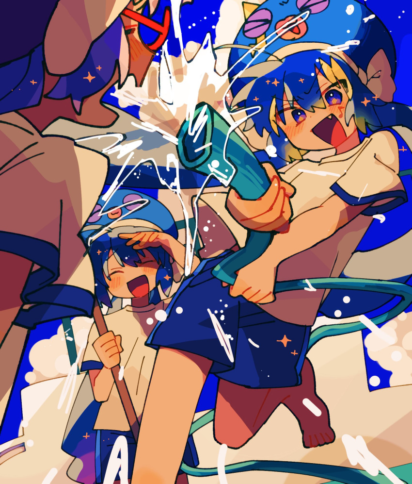 3girls, ahoge, alternate_costume, barefoot, blonde_hair, blue_hair, blue_shorts, blue_sky